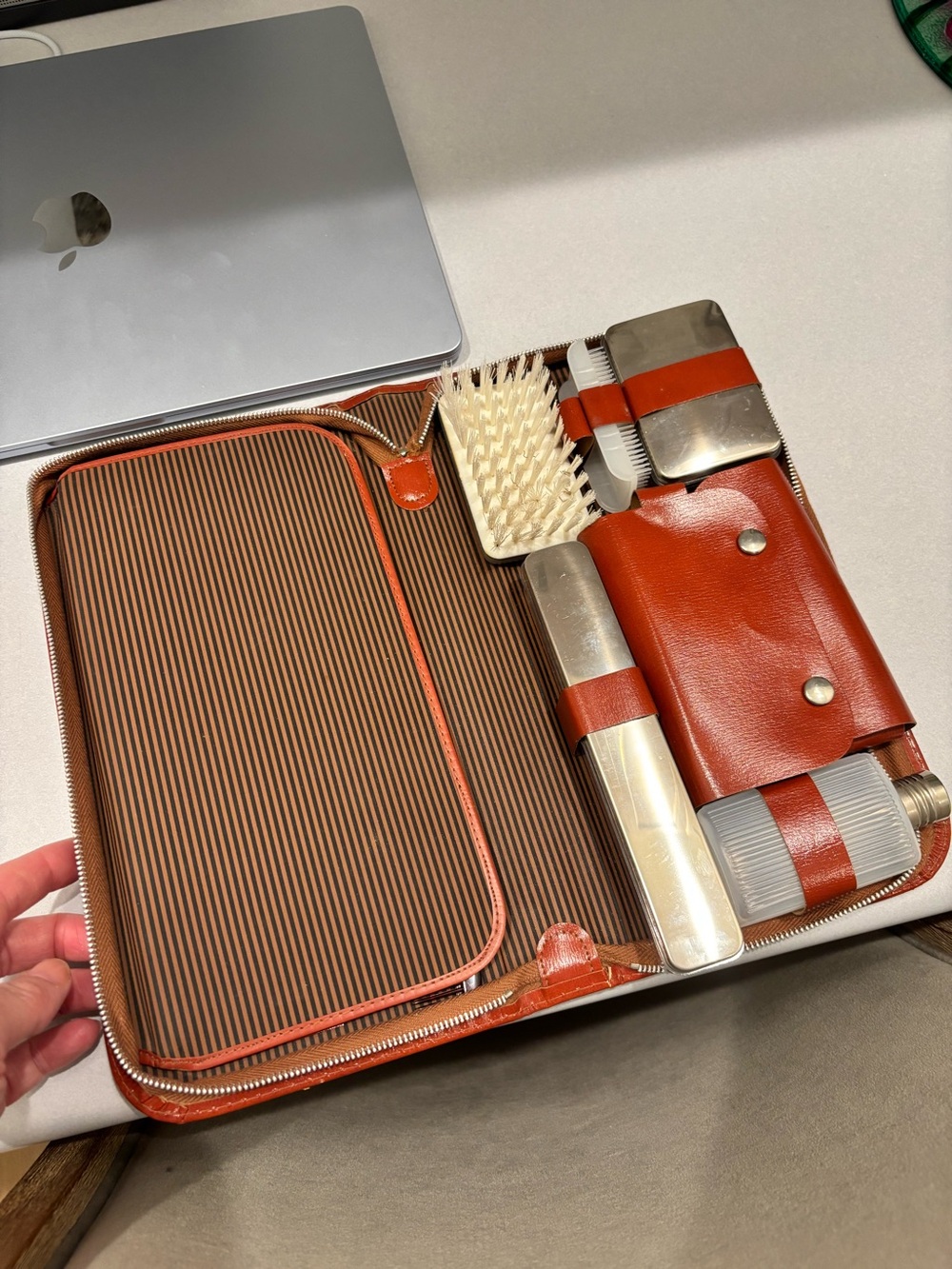 Vintage mid century leather travel case grooming set toiletries West Germany